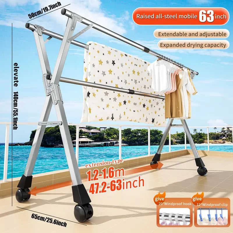 Foldable Stainless Steel Clothes Drying Rack with Wheels