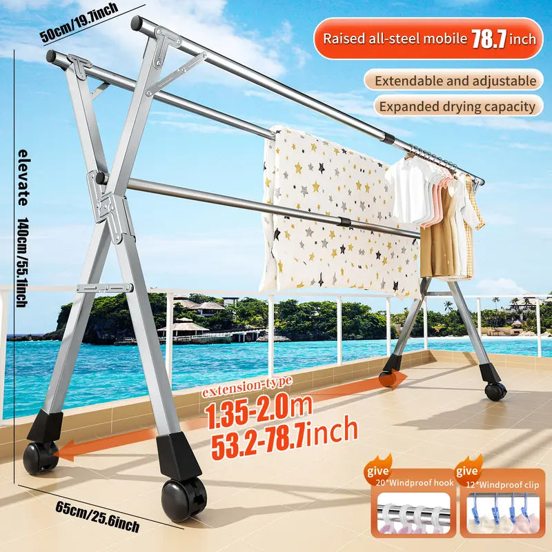 Foldable Stainless Steel Clothes Drying Rack with Wheels