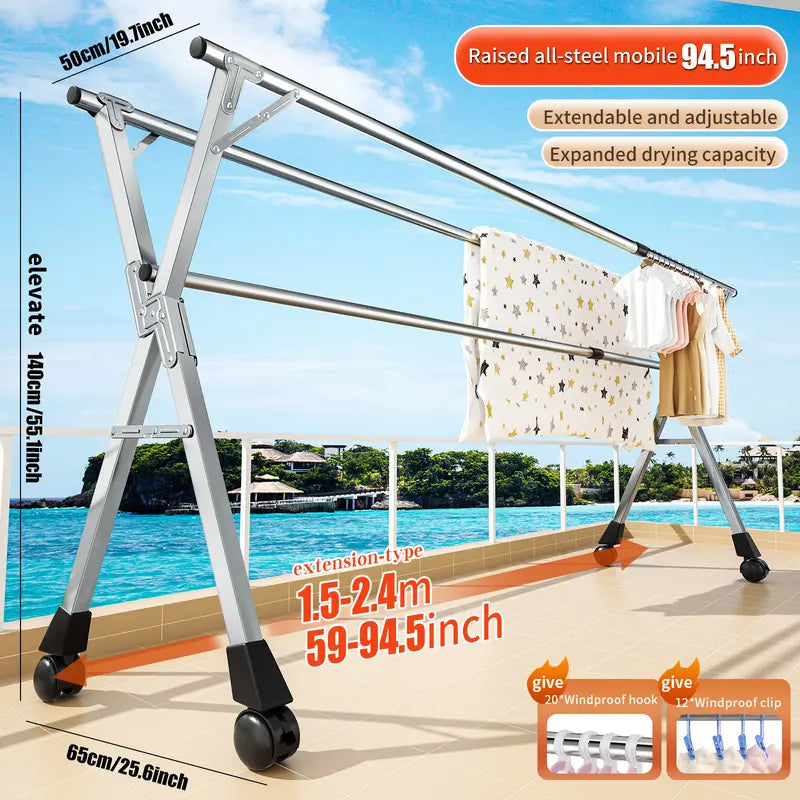 Foldable Stainless Steel Clothes Drying Rack with Wheels