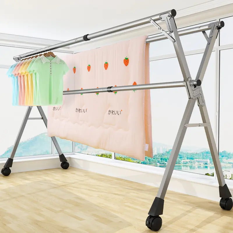 Foldable Stainless Steel Clothes Drying Rack with Wheels