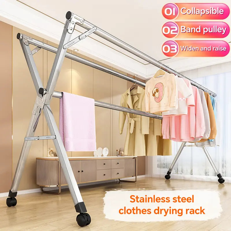 Foldable Stainless Steel Clothes Drying Rack with Wheels