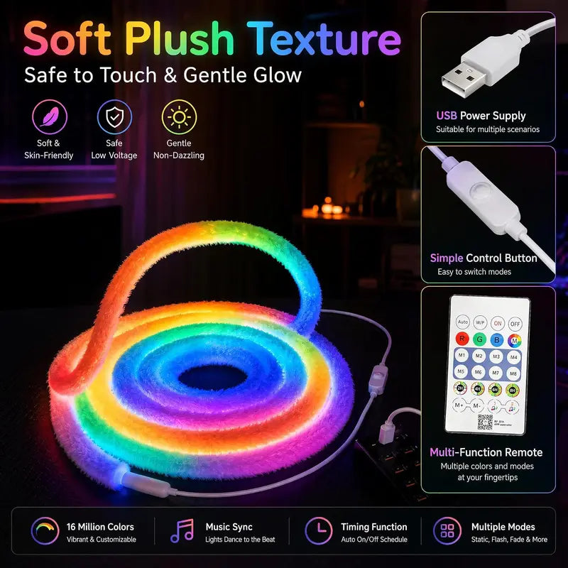 Smart RGB+IC LED Plush USB Neon Light Strip with Remote & App