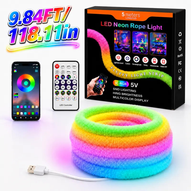 Smart RGB+IC LED Plush USB Neon Light Strip with Remote & App