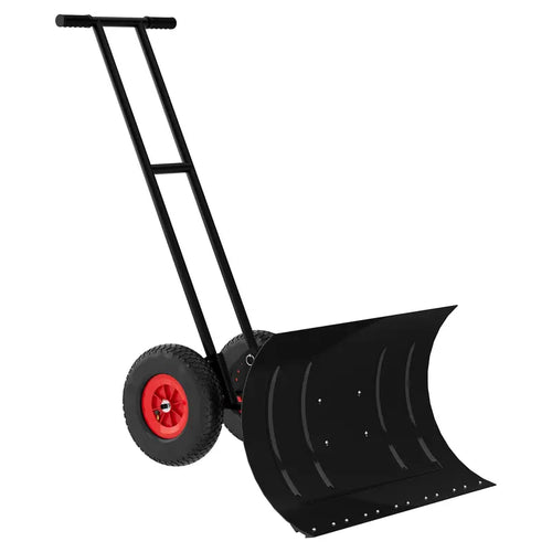 Black wheeled snow pusher with adjustable handle