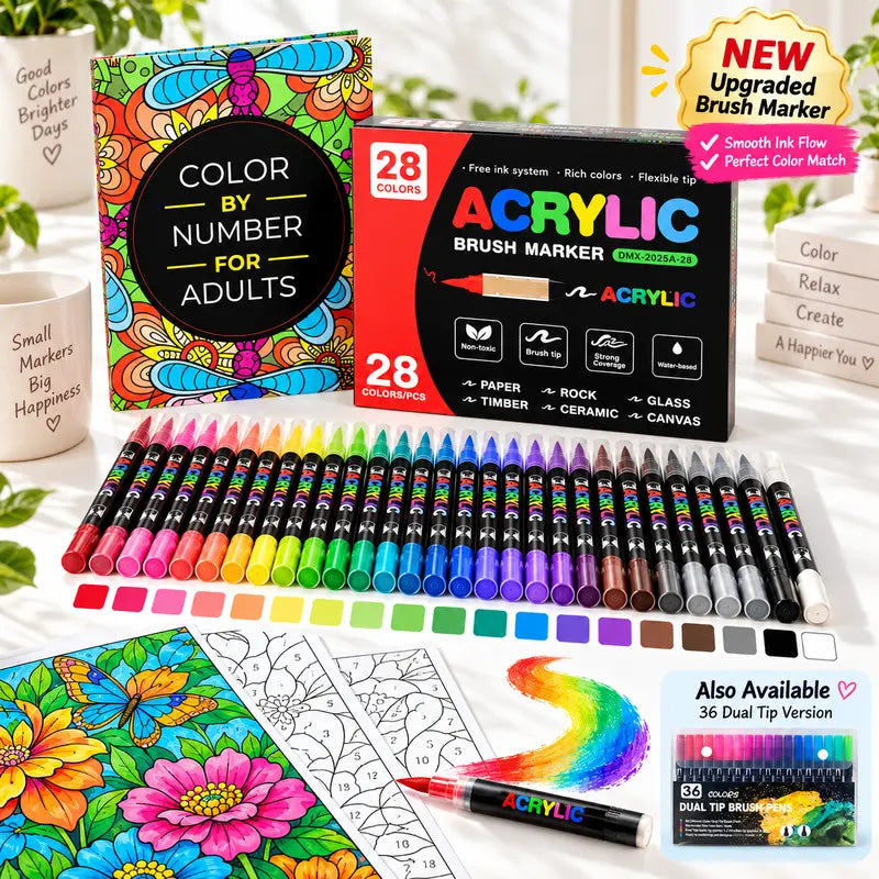 Color-by-number book with 28 acrylic markers; 36-marker option also shown