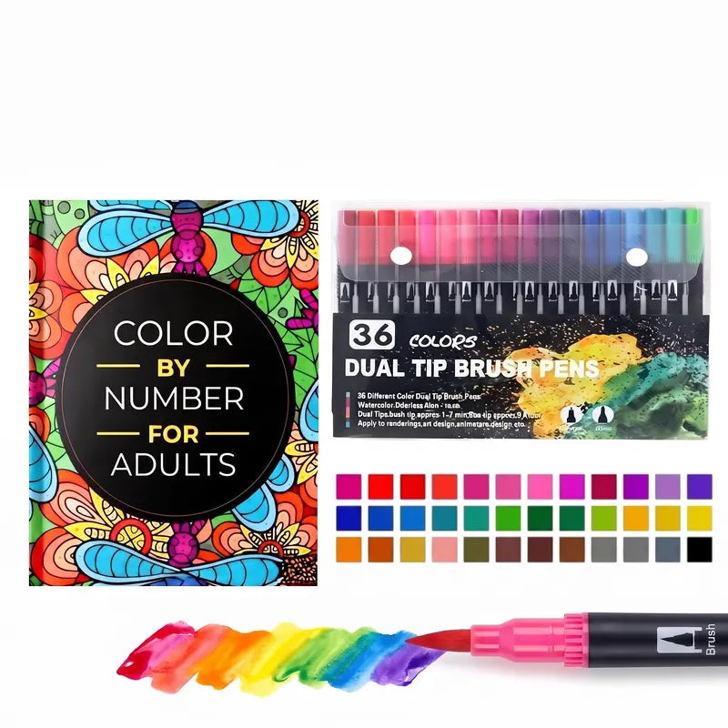 Color-by-number book and 36 dual-tip marker set