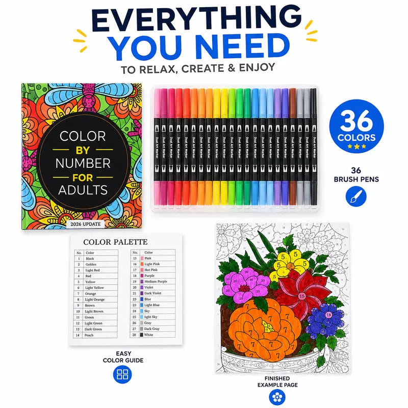Color-by-number book with 36 dual-tip markers