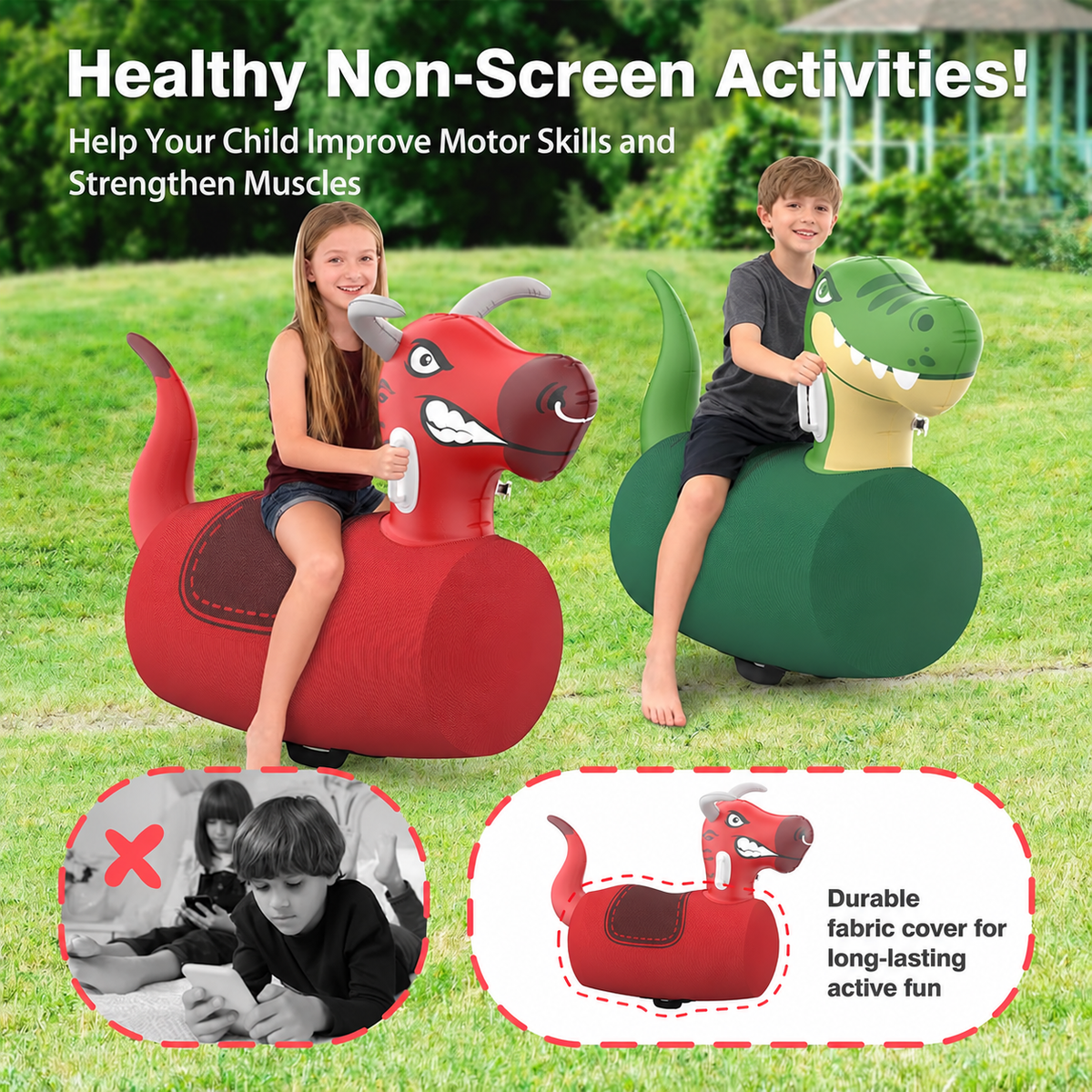 2-Piece Giant Inflatable Dinosaur & Bull Hopper Toys for Kids 5+
