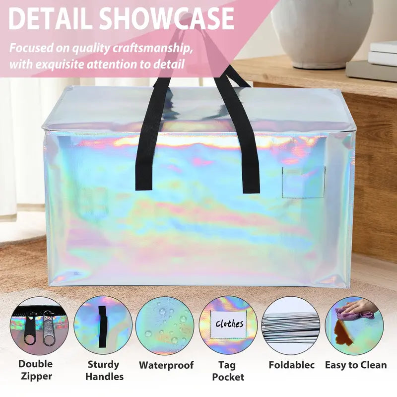 Zipper, handle, label pocket and foldable storage details